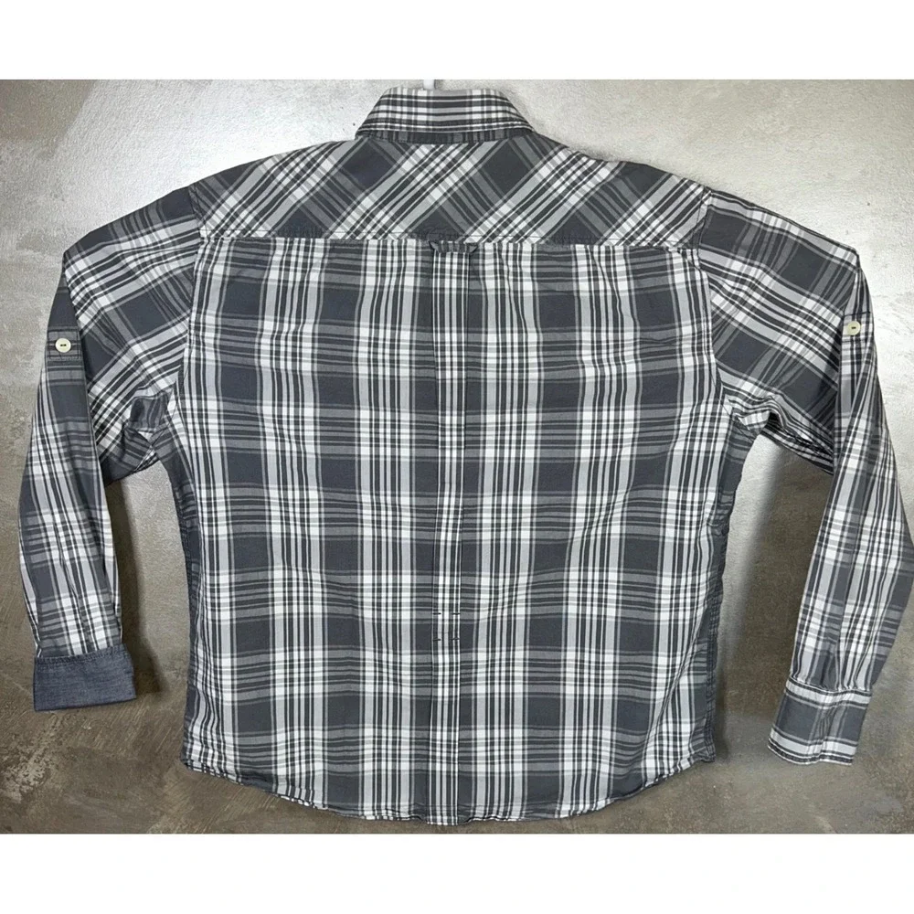 Soviet Men's XL‎ Plaid Button Up Shirt Long Sleeve Gray Western Pockets Pearl